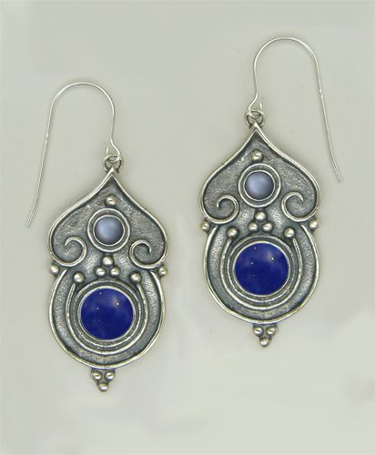 Sterling Silver Gothic Inspired Drop Dangle Earrings With Lapis Lazuli And Grey Moonstone